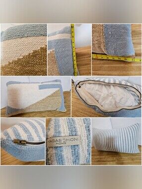 MagaSchoni Home Lumbar Pillow Blue Cream Tan Geometric Stripe 12x22 Zipper